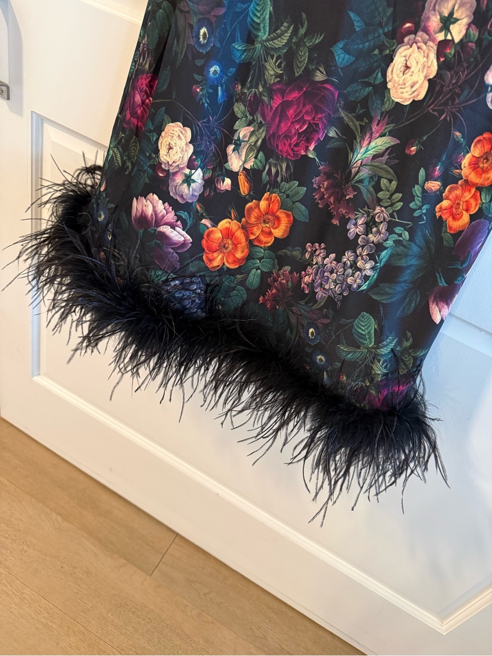 One-Shoulder Black Floral Dress with Feather Hem - Picture 2 of 6